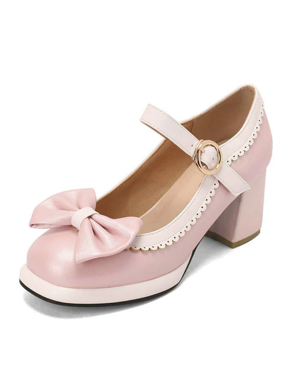 Scarpe Mary Jane con tacco grosso e fiocco rosso
