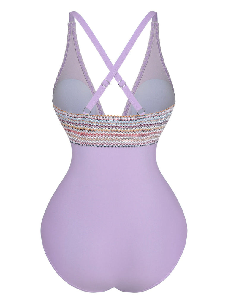 Costumi intero con patchwork ondulato e scollo a V anni '40