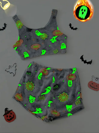 2PCS Pigiama in flanella con luminosa Halloween grigio anni '70