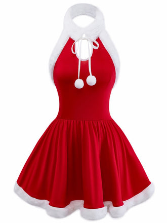 Pigiama natalizio in peluche con orlo grezzo rosso anni '50