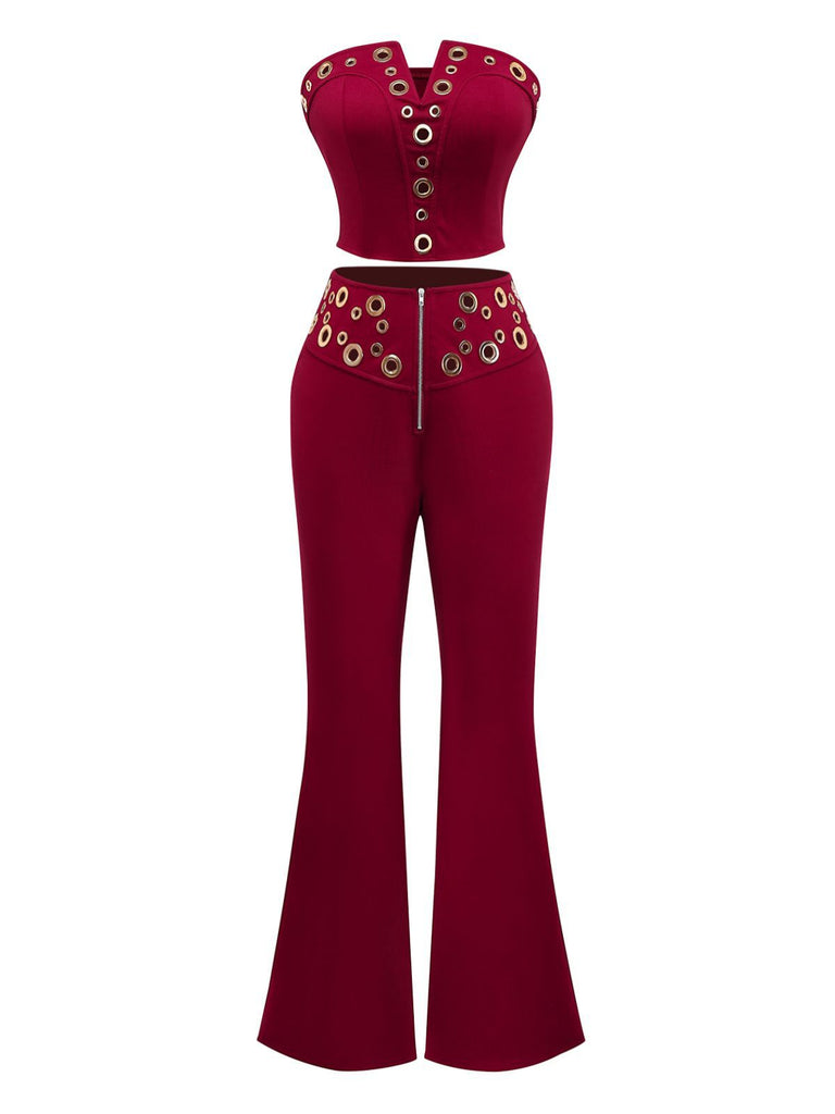 2PCS Top punk senza spalline con fibbia in metallo e pantaloni anni '70