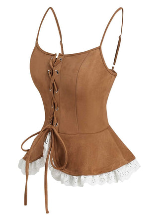 Top corsetto in pizzo scamosciato con lacci marrone anni '50