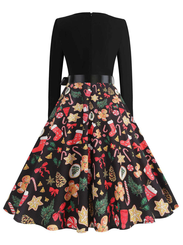 Abito con pan di zenzero e bastoncini di zucchero natalizio nero anni '50
