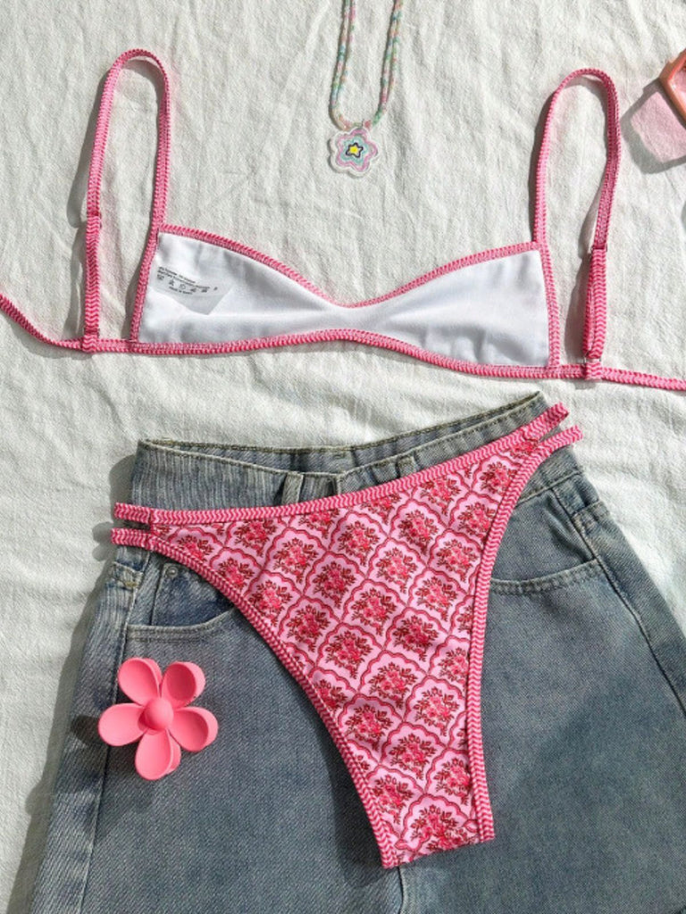 Bikini floreale con spalline sottili rosa anni '60