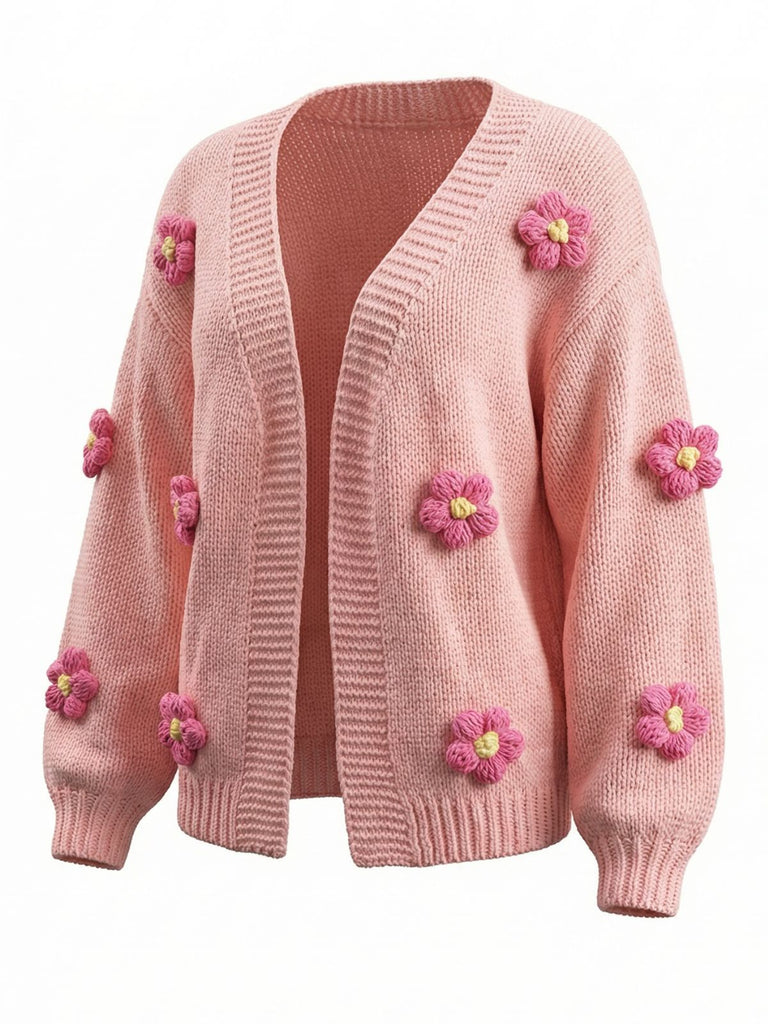 Cardigan a maglia con fiori 3D e maniche lunghe anni '30