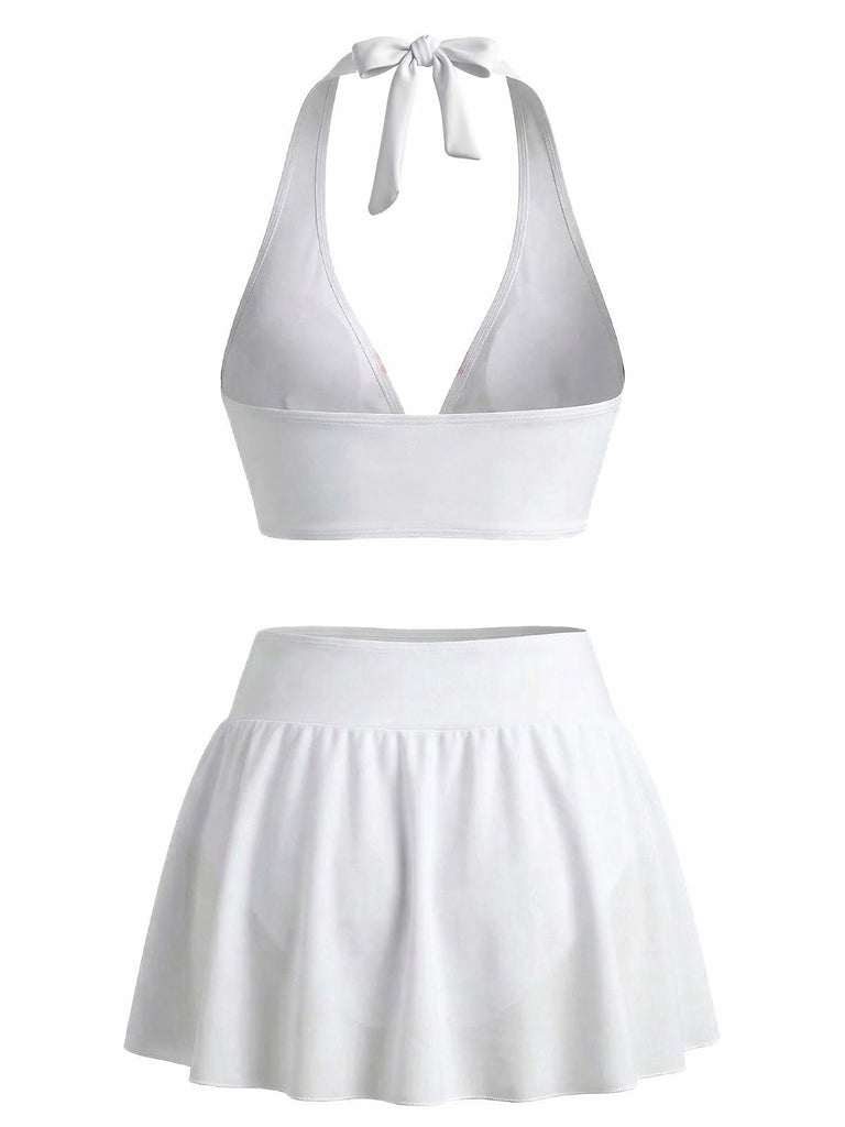 Bikini bianco anni '30 floreale di gigli con scollo all'americana in rete