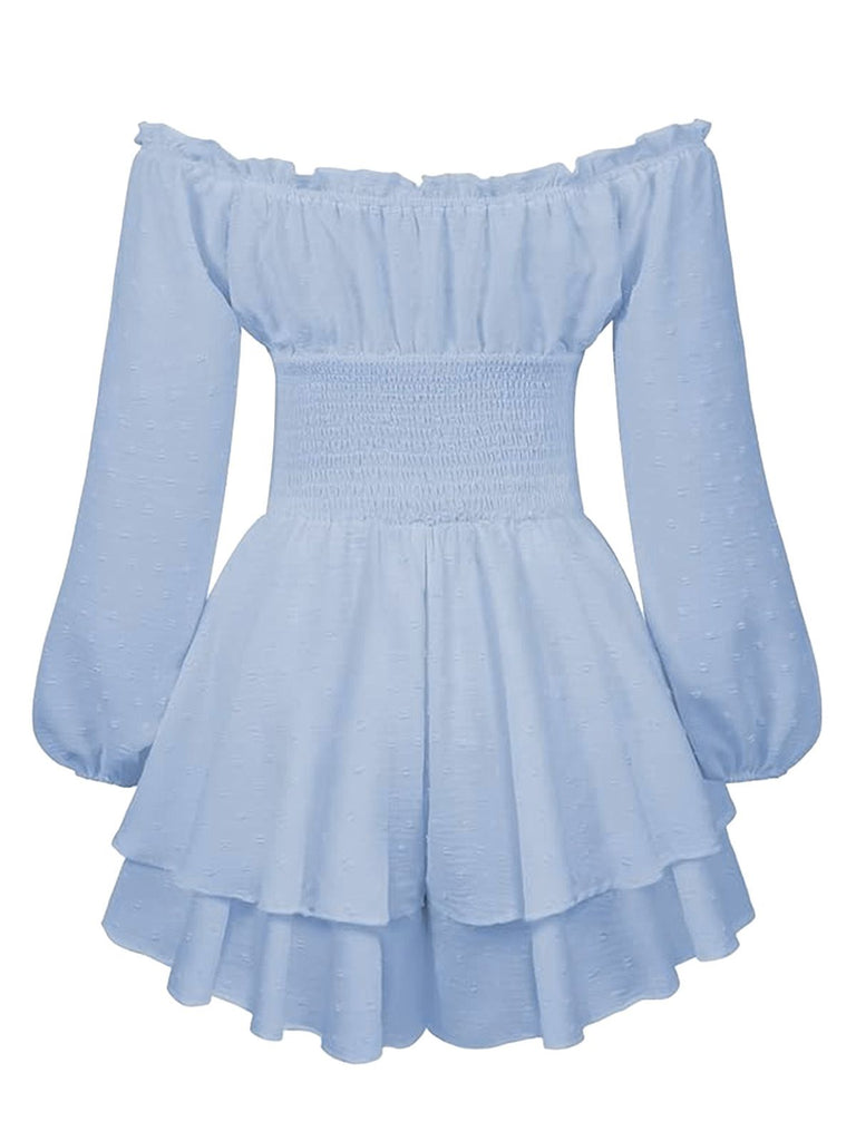 Mini abito anni '50 con spalle scoperte a maniche lunghe e arricciature