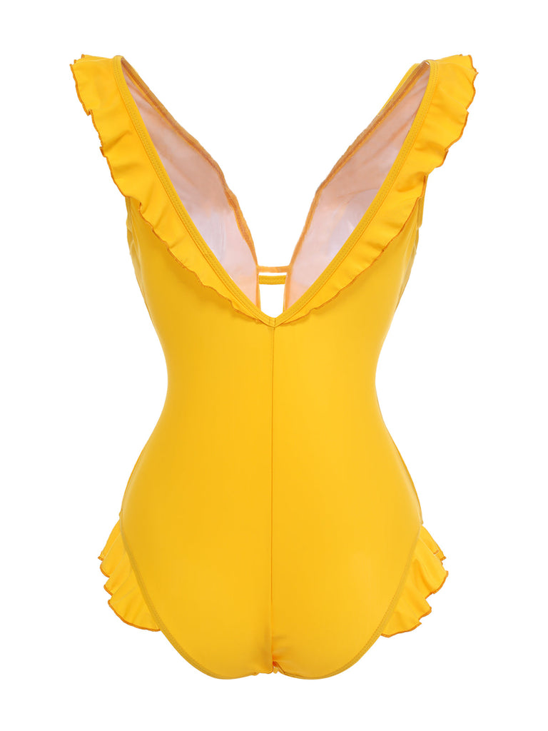 Costumi intero con scollo a V volant giallo anni '30