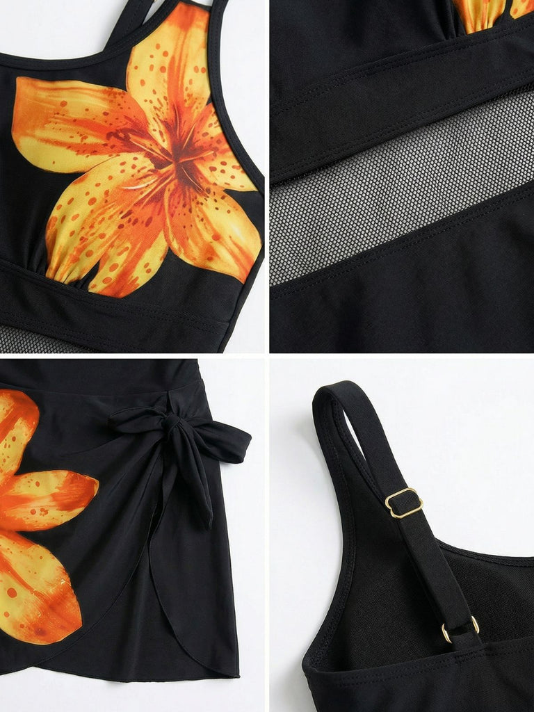 Costumi con Gonna Anni '40 Floreale Scollo Tondo Nodo e Rete