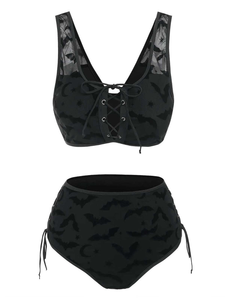 Set bikini gotico pipistrello spalline rete nero anni '80