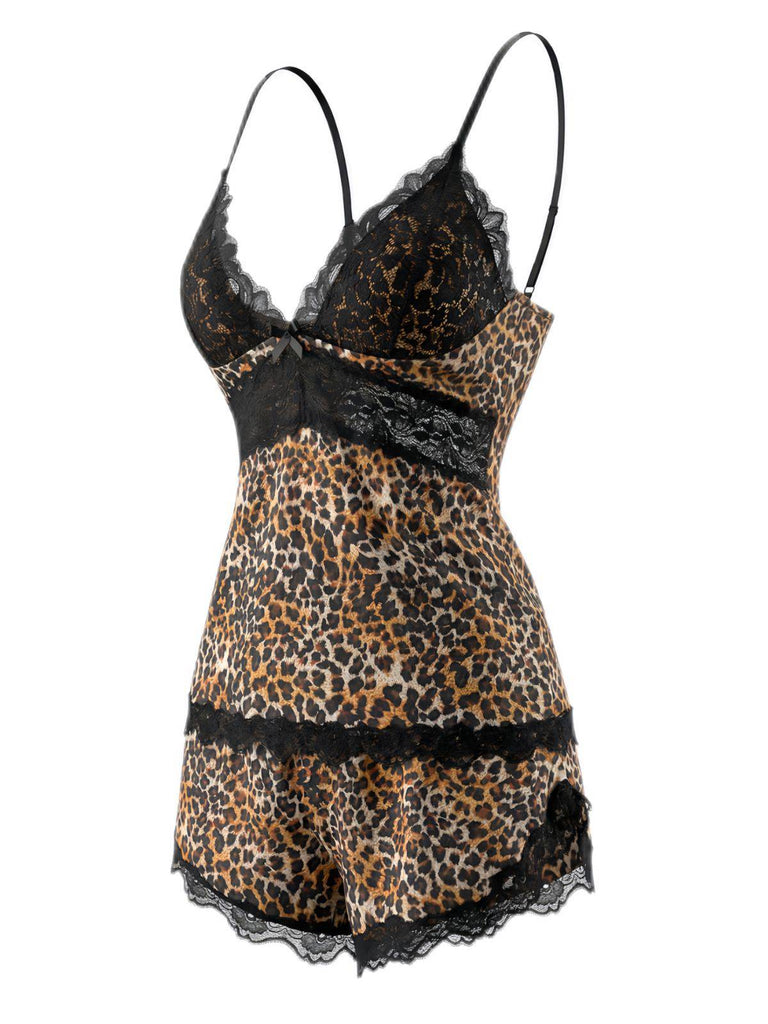 Pigiama in pizzo leopardato con spalline sottili marrone anni '70