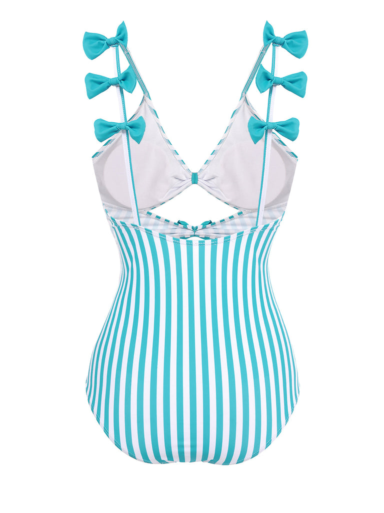 Costumi intero a righe fiocco cava spalline sottili blu anni '60