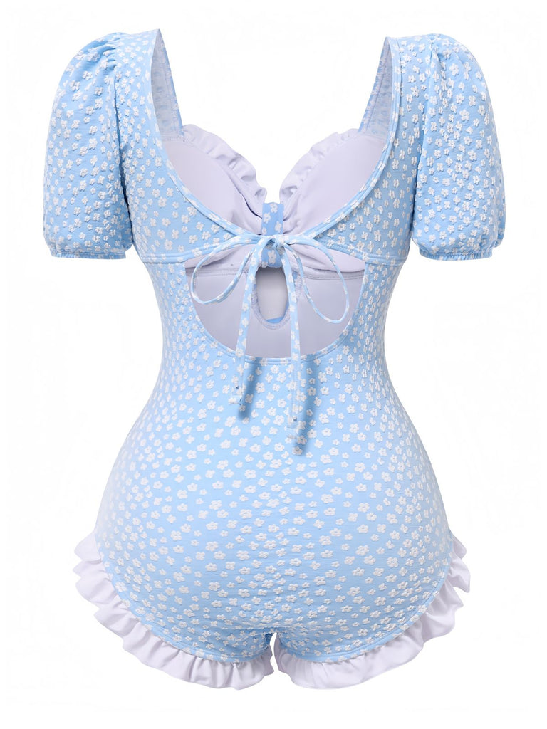 Costumi intero floreale con volant blu anni '40