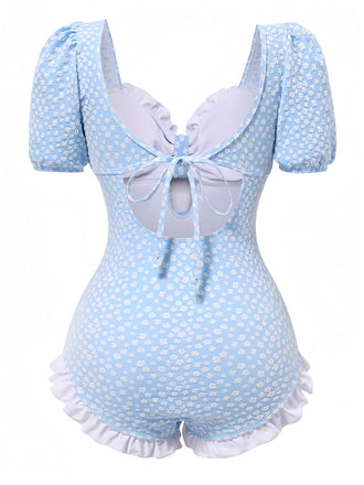 Costumi intero floreale con volant blu anni '40