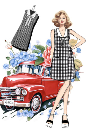 Abito a tubino plaid a quadretti in acetato nero anni '60