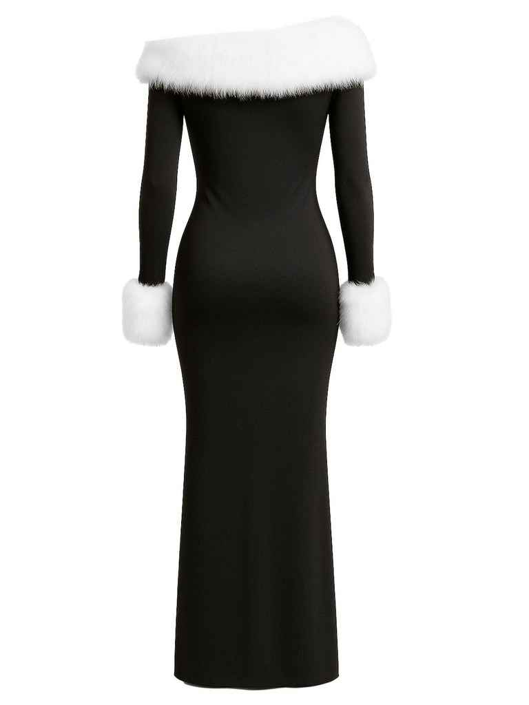 Abito con spalle scoperte e finiture in pelliccia nero anni '80