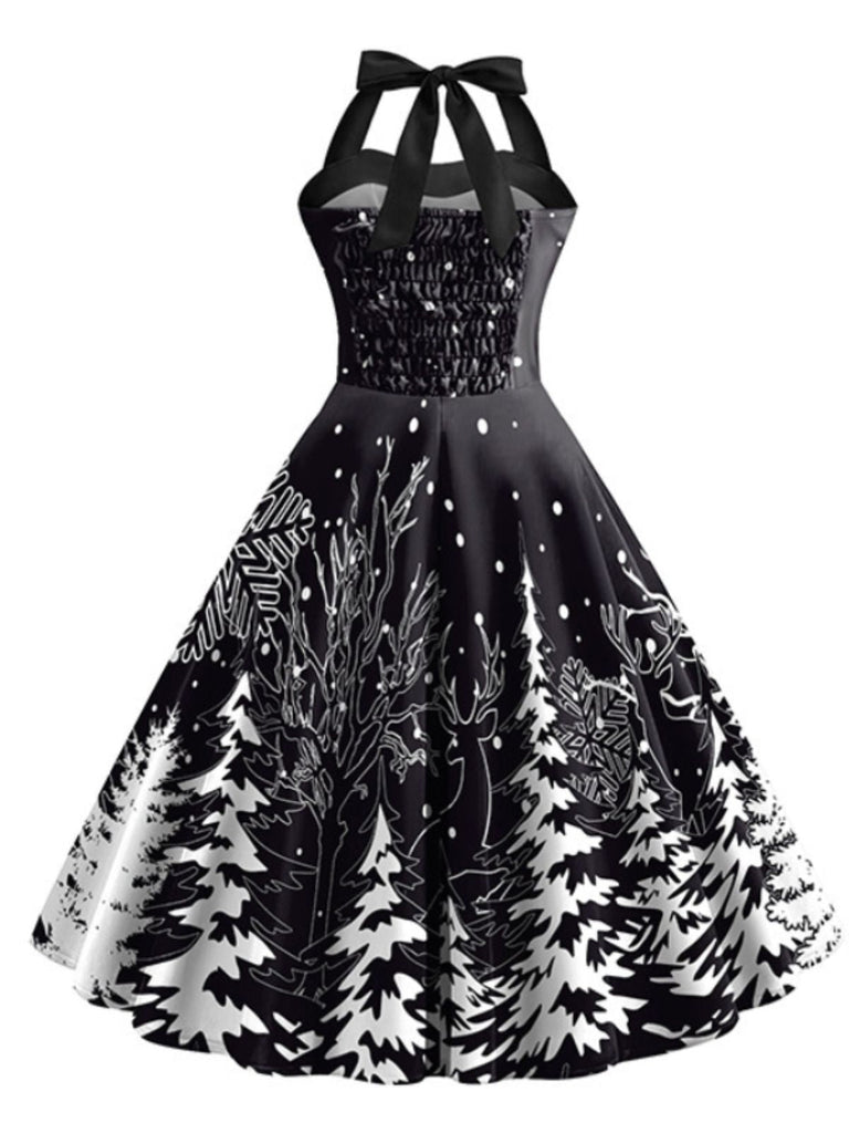 Abito albero di Natale con scollo all'americana nero anni '50