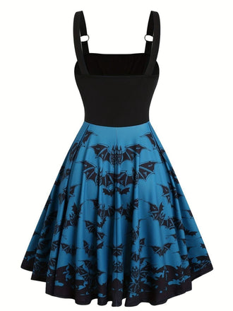 [Taglia forti] Abito con lacci a pipistrello Halloween blu scuro anni '50
