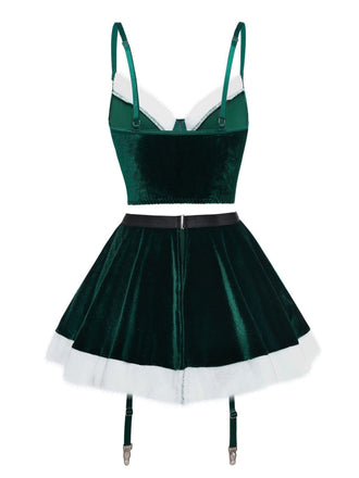 2PCS Completo top e gonna in velluto natalizio del 1970