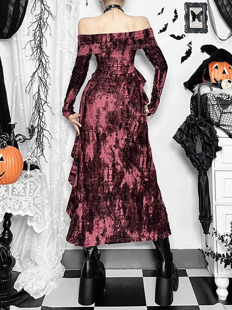 Abito con spalle scoperte e effetto consumato rosso anni '80