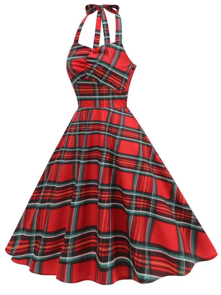 Abito a quadri con scollo all'americana natalizio rosso anni '50