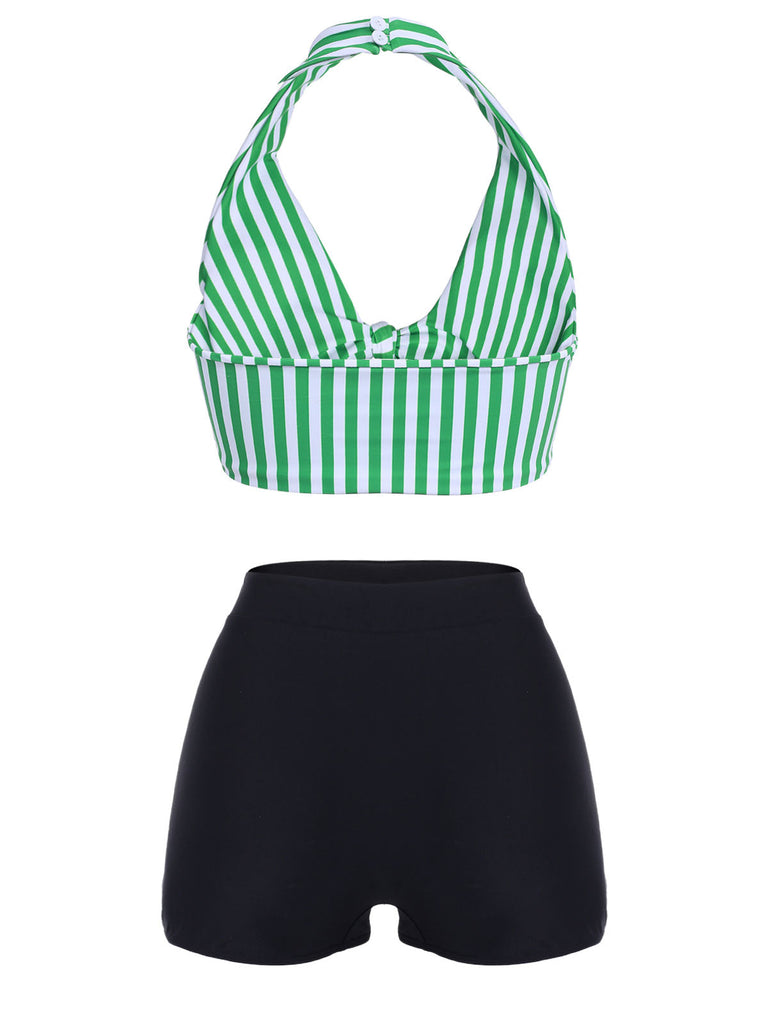 Bikini con ferretto fiocco a righe retrò verde anni '50