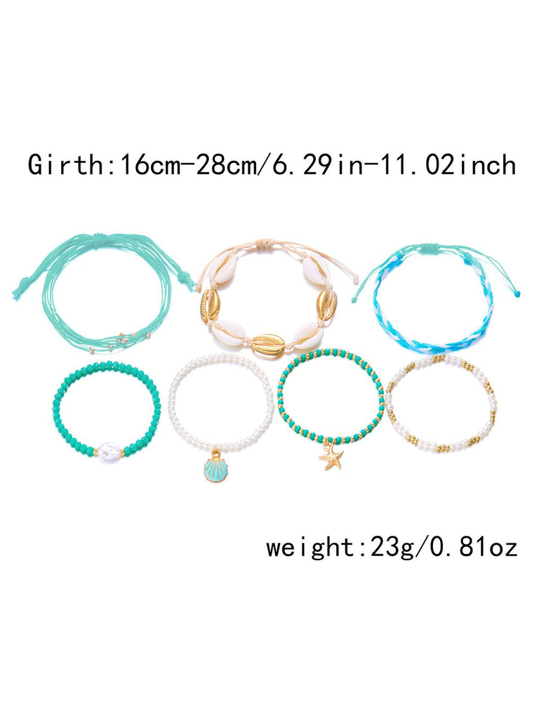 7PCS di Bracciali Blu Intrecciati a Strati con Conchiglie e Perline