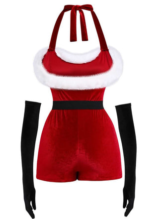 Completo tuta corta in pelliccia sintetica in velluto natalizio anni '70