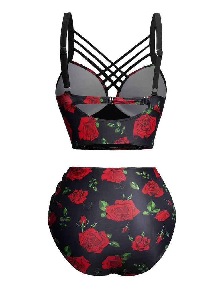 Set bikini gotico rose spalline sottili nero anni '80