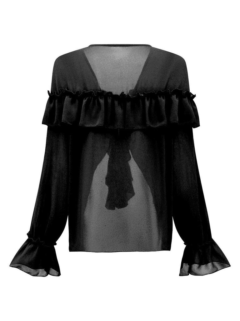 Blusa boho tinta unita con volant a cascata anni '70