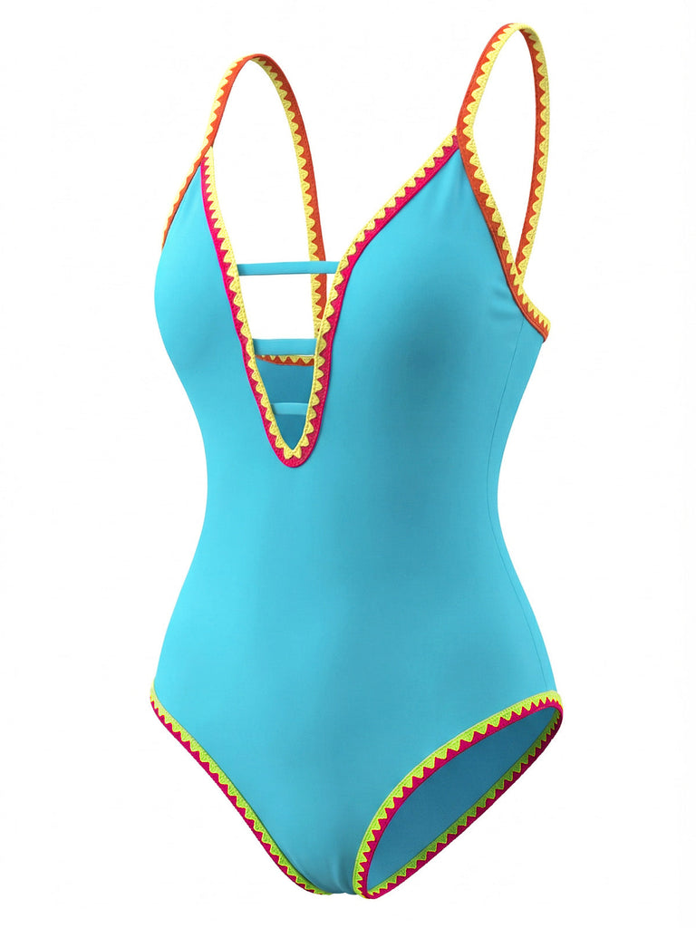 Costumi intero con spalline e cut-out color block anni '70