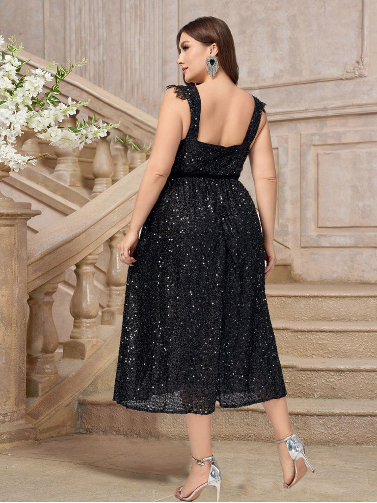 [Taglia Forti] Abito con scollo a cuore e pizzo paillettes nero anni '40
