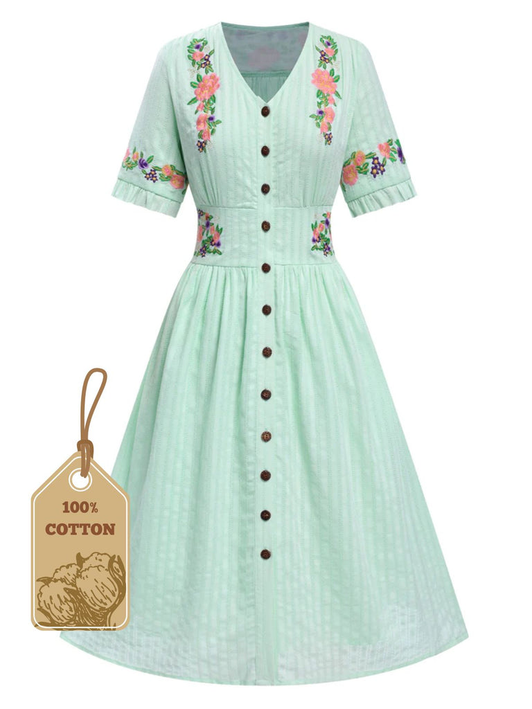 Abito in puro cotone floreale scollo a V nero anni '40