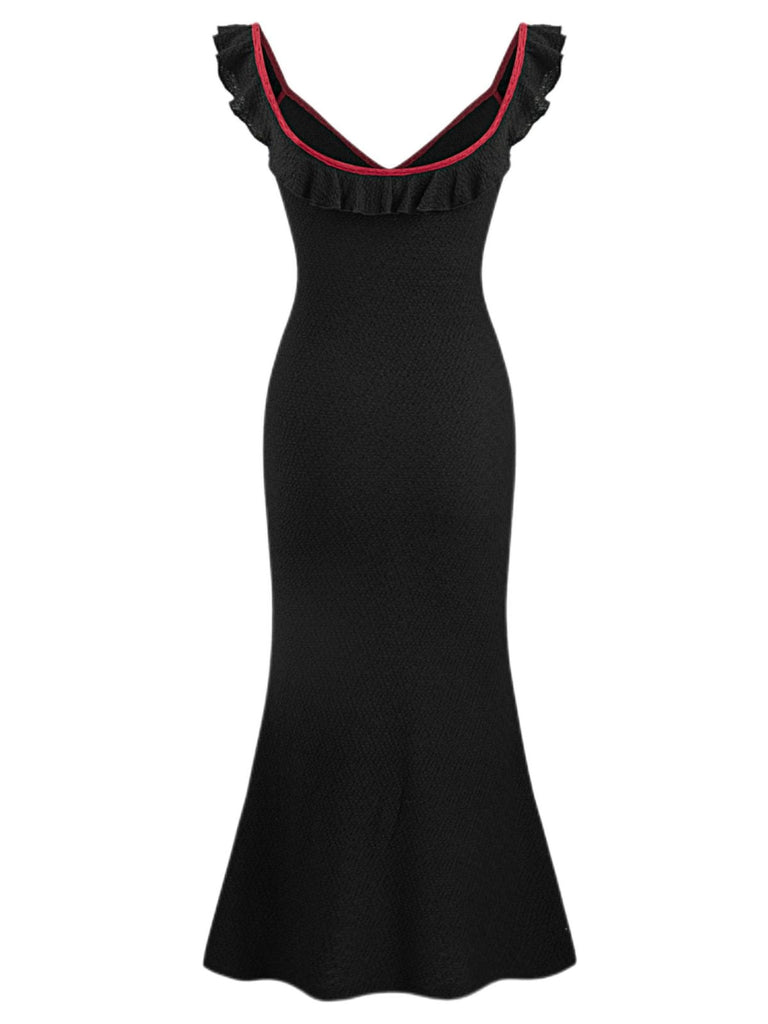 Abito da sirena in maglia con volant e scollo a V nero anni '30