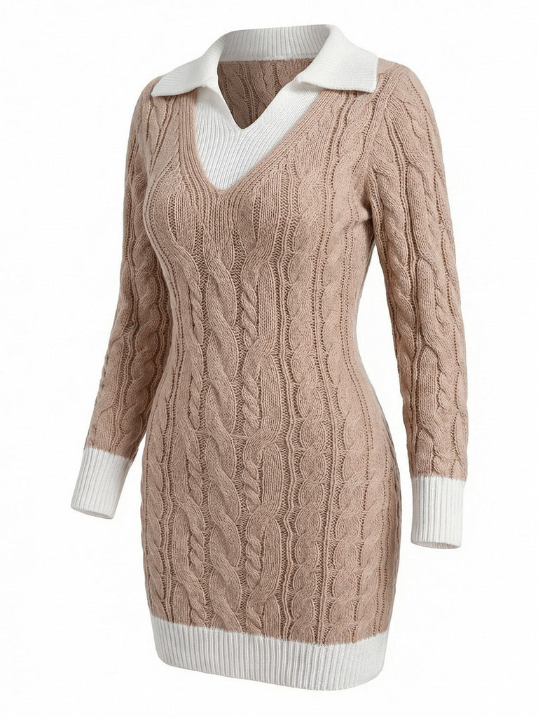 Abito aderente in maglia con scollo a V e trecce beige anni '60