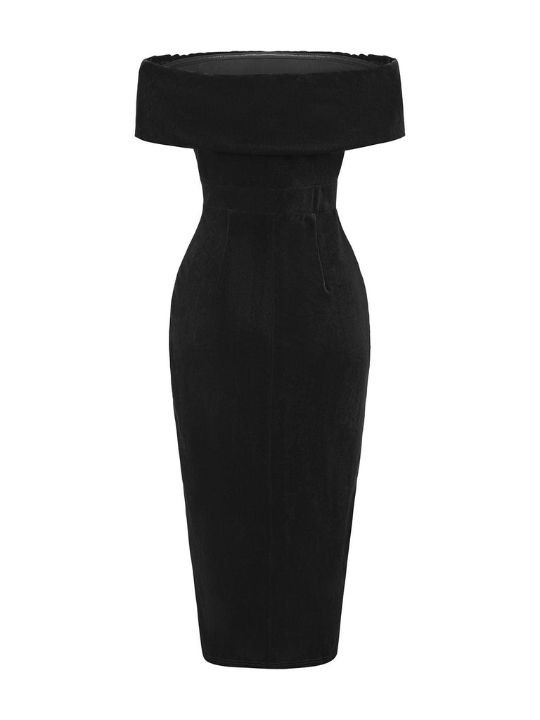 Abito midi in velluto a tinta unita con spalle scoperte anni '80