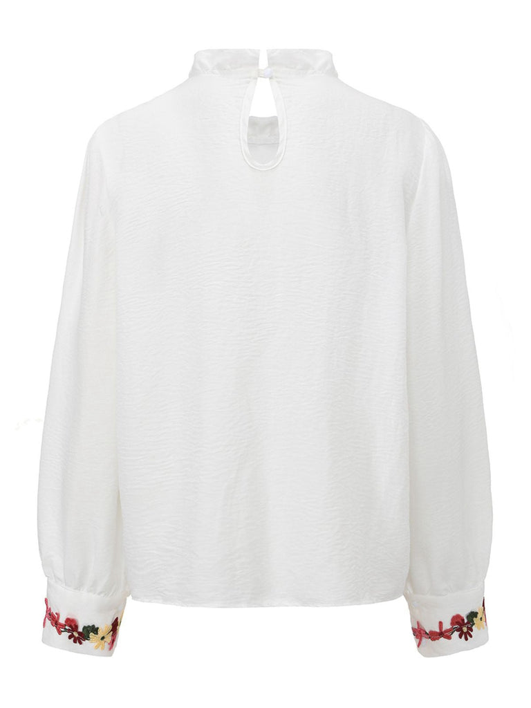 Camicetta ricami floreali con colletto arricciato bianco anni '30