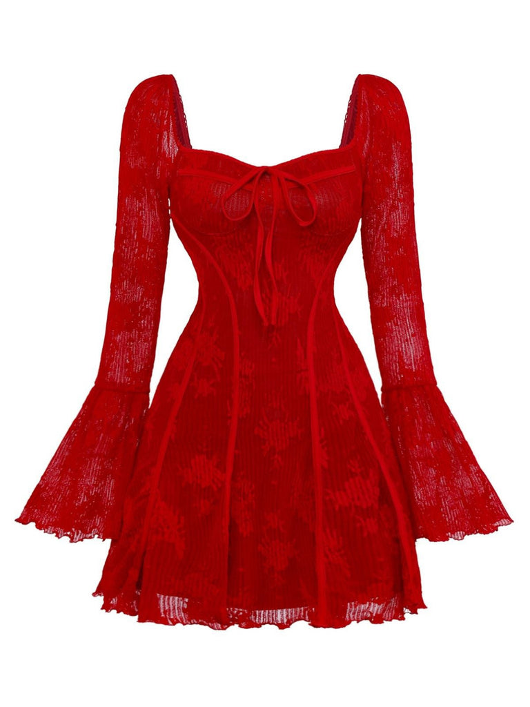 Abito floreale in maglia con maniche a campana e fiocco rosso anni '60