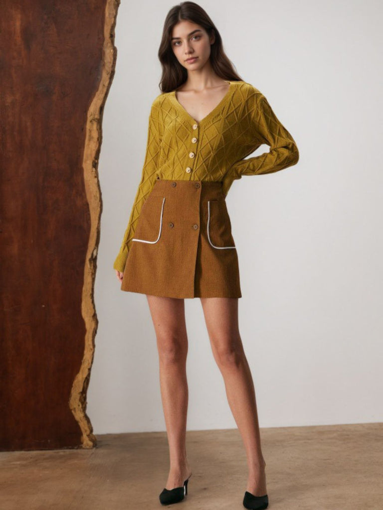 Gonna a trapezio a vita alta con tasche marrone anni '80