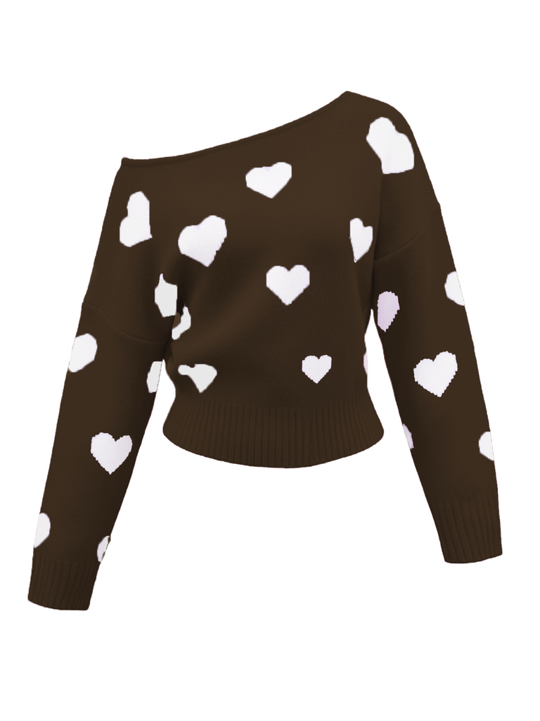 Maglione asimmetrico con spalle scoperte e cuore rosa anni '70