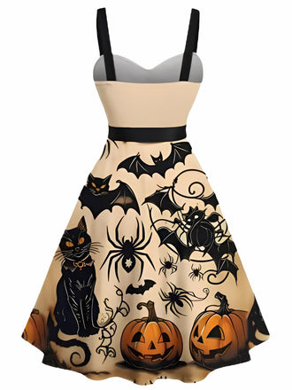 Abito con zucca e gatto e pipistrello Halloween arancione anni '50