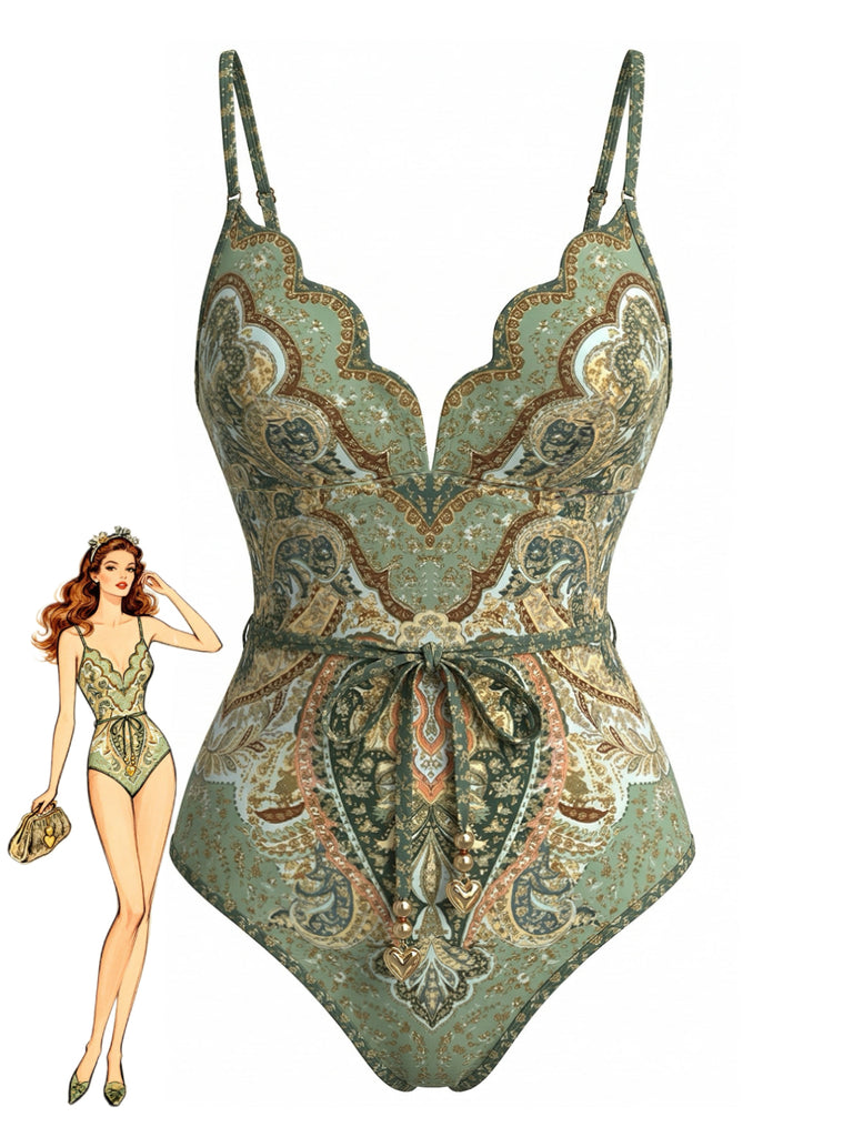 Costumi Intero Verde Anni '70 Bohemien con Colletto a Petalo