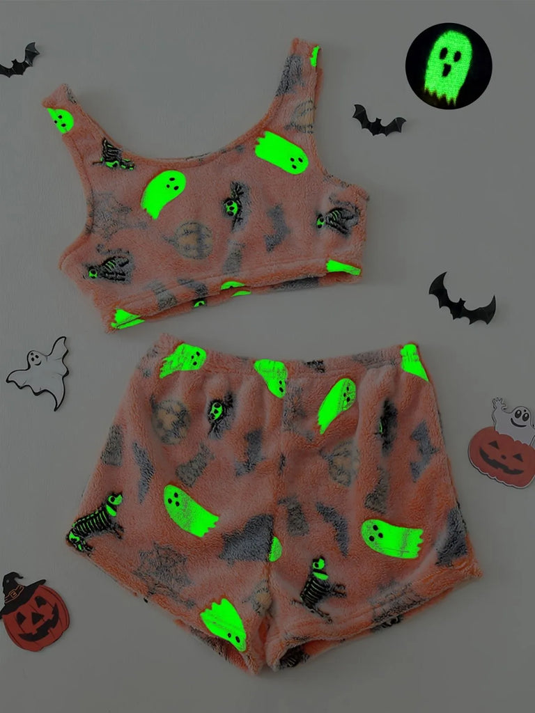 2PCS Pigiama in pile con fantasma Halloween arancione anni '60
