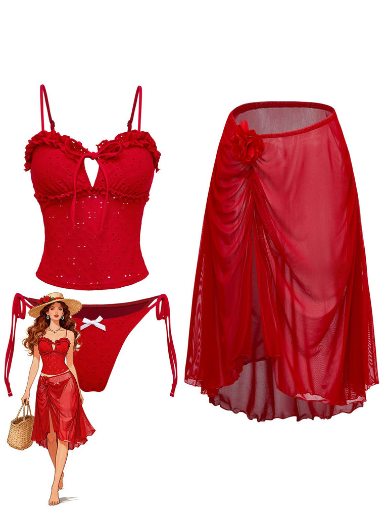 Vintage red tankini swimsuit set with romantic ruffled details and matching mesh cover-up featuring detachable 3D florals and high-low hemline for 1960s beach styling