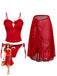 Vintage red tankini swimsuit set with romantic ruffled details and matching mesh cover-up featuring detachable 3D florals and high-low hemline for 1960s beach styling
