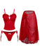 Vintage red tankini swimsuit set with romantic ruffled details and matching mesh cover-up featuring detachable 3D florals and high-low hemline for 1960s beach styling