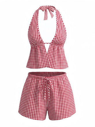 Red plaid halter top and shorts set with 1960s vintage styling and backless design, ideal for summer vacation outfits and retro-themed events