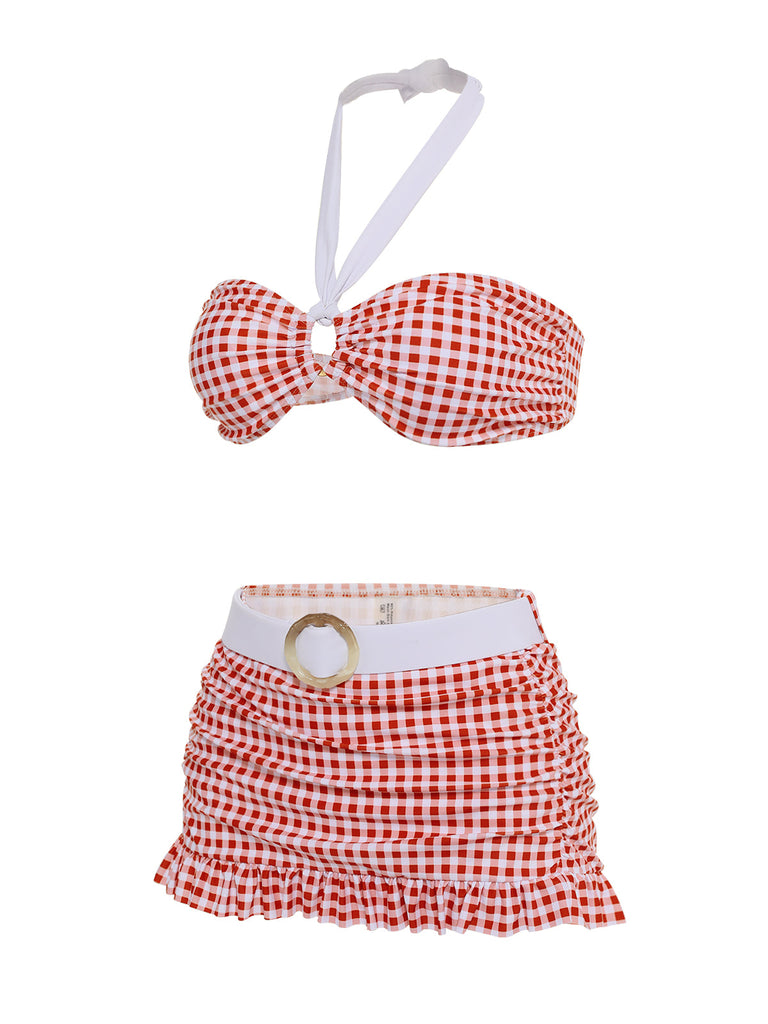 Set Bikini plaid scollo all'americana rosso anni '40