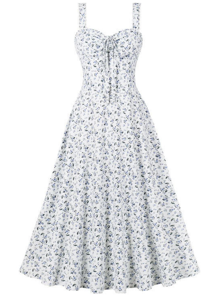 Abito con lacci floreali e spalline larghe anni '40