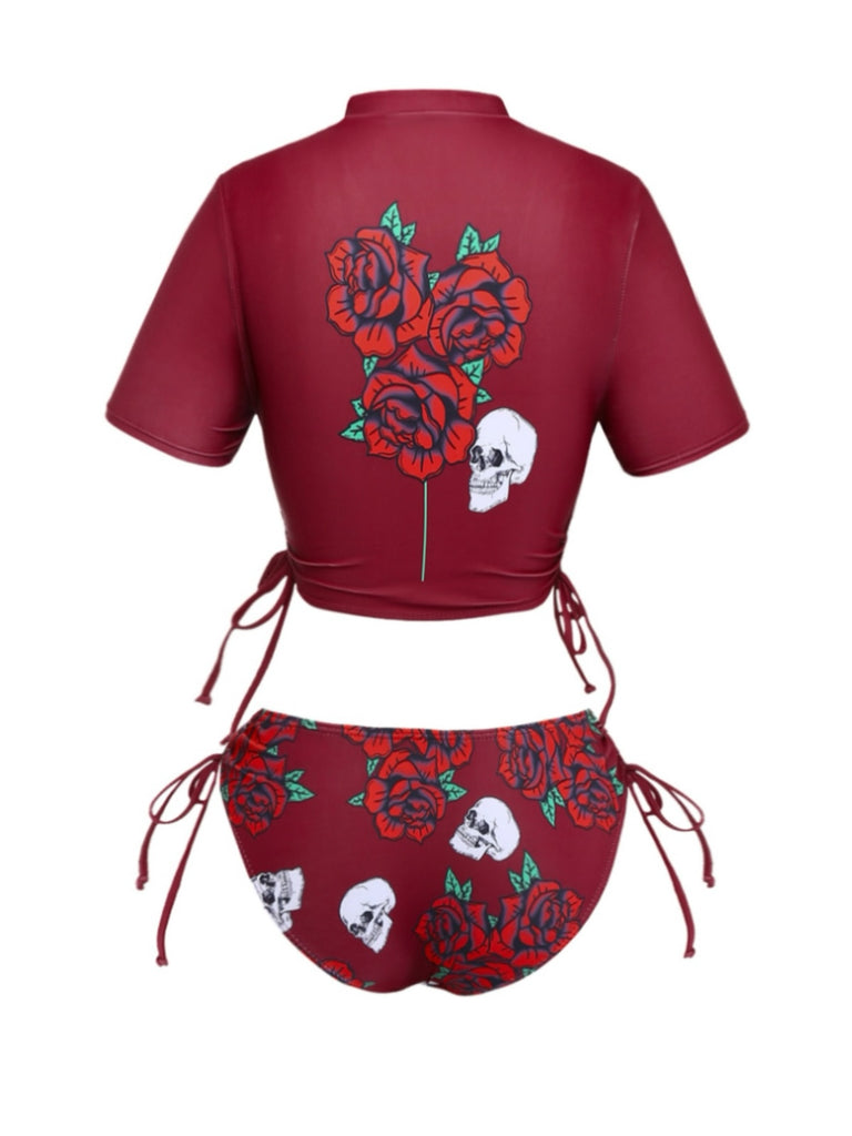 Tankini con grafica a teschio e rosa nero anni '80